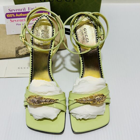 Gucci 37/ US 7 Two-Toned Dora Embellished Crystal Wedge Green Sandals NIB $1,250 - Picture 6 of 13